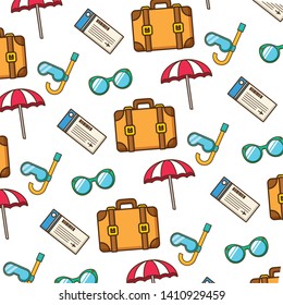 beach vacations background bag sunglasses umbrella ticket vector illustration