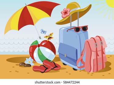 Beach Vacations Background with Bags and Umbrella