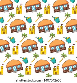 beach vacations background bungalow sand castle bucket palms vector illustration