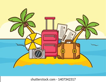 beach vacations baggage camera ball tickets palms vector illustration