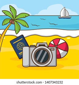 beach vacations camera passport ball boat sea palm vector illustration