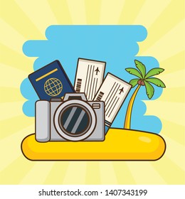 beach vacations camera tickets passport palm vector illustration