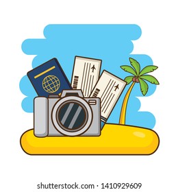 beach vacations camera tickets passport palm  vector illustration