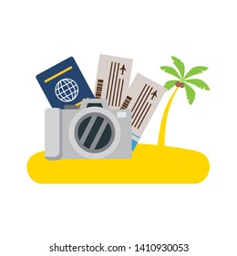 beach vacations camera tickets passport palm vector illustration