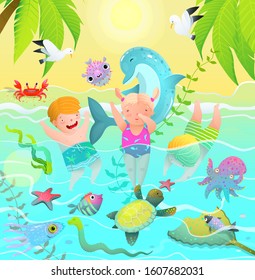 Beach Vacations for Children in Tropical Paradise Swim with Sea Creatures. Three kids jumping in the ocean diving snorkeling and swimming together with turtle and octopus. Vector cartoon.