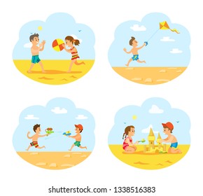 Beach vacations of children vector, boys and girls playing on beach. Boys with guns loaded with water, volleyball and wind kite in sky, sand castle