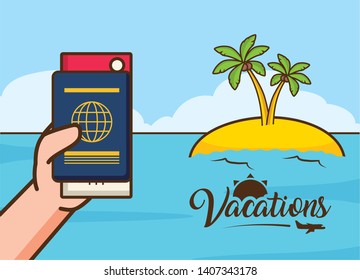 beach vacations hand with passport island tropical vector illustration