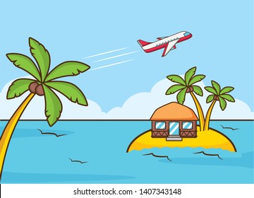 beach vacations island bungalow sea palms airplane vector illustration