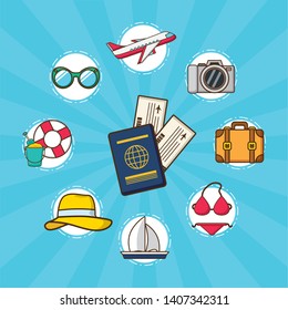 beach vacations passport tickets bikini boat airplane camera bag hat vector illustration