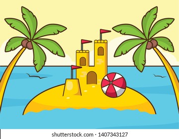 beach vacations sand castle ball palms vector illustration