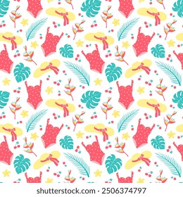 Beach vacations seamless pattern. Tropical leaves, swimsuit, hat and exotic flowers on white background. Cute surface design for wrapping paper, scrapbooking, textile, fabric and prints.