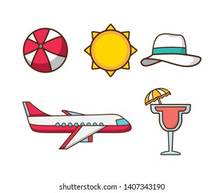 beach vacations set airplane hat cocktail sun ball vector illustration