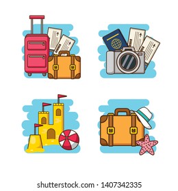 beach vacations set baggage tickets passport camera vector illustration