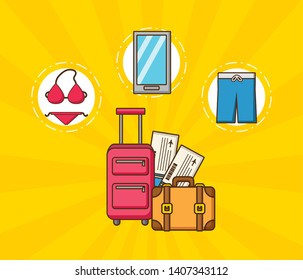 beach vacations set suitcase tickets bikini mobile shorts vector illustration