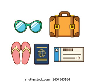 beach vacations set sunglasses suitcase passport ticket sandals vector illustration