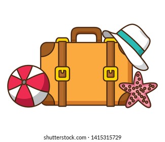 beach vacations suitcase ball hat starfish  vector illustration