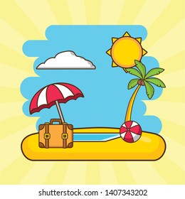 beach vacations suitcase umbrella ball sunny day vector illustration