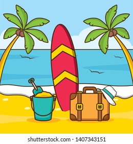 beach vacations surfboard suitcase hat sand bucket palms vector illustration