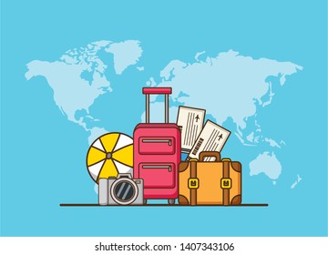 beach vacations world bags ball camera tickets vector illustration