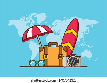 beach vacations world suitcase surfboard camera sunglasses vector illustration