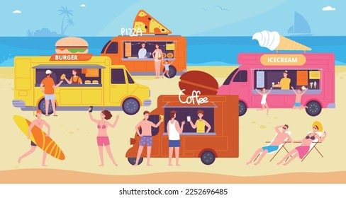 Beach van festival. Tourists food truck trailer coffee kiosk, tropical street vehicle marketplace american camping car caravan restaurant vector illustration of coffee summertime, ice cream and burger