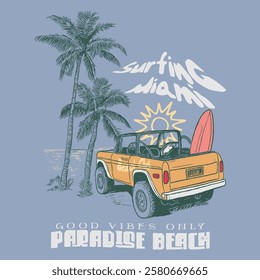 beach van with surf board, Long beach, summer vibes hand draw, Palm tree vector. Beach holiday time. Surfing paradise art print t-shirt design. Long beach, summer vibes hand draw, Hawaii, Aloha surf.