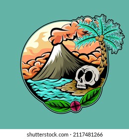 Beach vector art illustration with volcanic eruption and skull icon