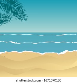 Fondo vectorial de playa.Ilustración vectorial de vacaciones.Verano en el paisaje de playa de mar bello espacio de copas. Playa tropical.