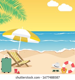 Beach vector background.Holiday Vector Illustration.Summer on sea beach landscape beautiful coppy space. Tropical beach. Top view summer background.