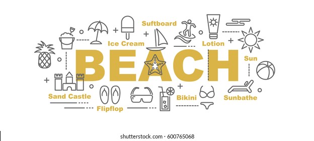 beach vector banner design concept, flat style with thin line art icons on white background
