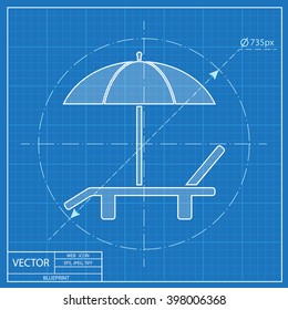 Beach vector blueprint icon. Umbrella with deck chair 