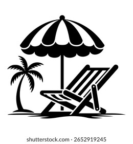Vetor de praia, vetor de silhueta de cadeira de praia, cadeira de praia e ícone de guarda-chuva com palmeira - Ilustração de vetor de férias de verão. Cadeiras de Praia Tropical e Guarda-chuva com Palm Trees - Férias de Verão