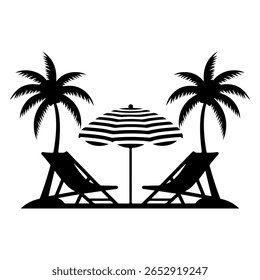 Vetor de praia, vetor de silhueta de cadeira de praia, cadeira de praia e ícone de guarda-chuva com palmeira - Ilustração de vetor de férias de verão. Cadeiras de Praia Tropical e Guarda-chuva com Palm Trees - Férias de Verão
