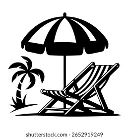 Vetor de praia, vetor de silhueta de cadeira de praia, cadeira de praia e ícone de guarda-chuva com palmeira - Ilustração de vetor de férias de verão. Cadeiras de Praia Tropical e Guarda-chuva com Palm Trees - Férias de Verão