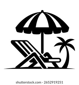 Vetor de praia, vetor de silhueta de cadeira de praia, cadeira de praia e ícone de guarda-chuva com palmeira - Ilustração de vetor de férias de verão. Cadeiras de Praia Tropical e Guarda-chuva com Palm Trees - Férias de Verão