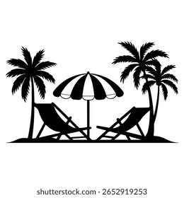 Vetor de praia, vetor de silhueta de cadeira de praia, cadeira de praia e ícone de guarda-chuva com palmeira - Ilustração de vetor de férias de verão. Cadeiras de Praia Tropical e Guarda-chuva com Palm Trees - Férias de Verão