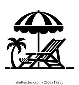 Vetor de praia, vetor de silhueta de cadeira de praia, cadeira de praia e ícone de guarda-chuva com palmeira - Ilustração de vetor de férias de verão. Cadeiras de Praia Tropical e Guarda-chuva com Palm Trees - Férias de Verão