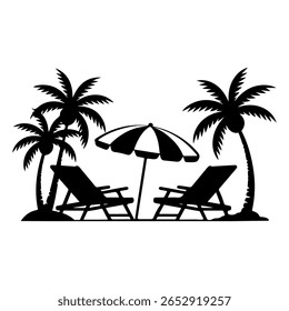 Vetor de praia, vetor de silhueta de cadeira de praia, cadeira de praia e ícone de guarda-chuva com palmeira - Ilustração de vetor de férias de verão. Cadeiras de Praia Tropical e Guarda-chuva com Palm Trees - Férias de Verão