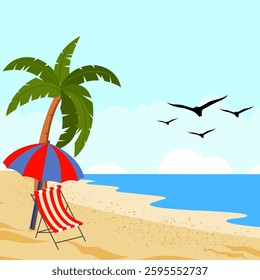 beach vector with chairs and umbrellas