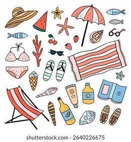 Beach vector clipart. Cute summer illustration. Beach graphics on white background