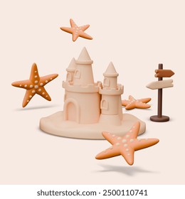 Beach vector composition in 3D style. Sand castle, starfish, sign post
