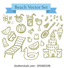 Beach vector elements. Summer fun stuff: beach drinks, sandcastle, badminton, fruits, ice cream, flippers and scuba mask