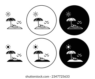 Beach vector icon set. sea beach with umbrella symbol in black filled and outlined style.