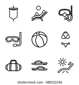 beach vector icons. Set of 9 beach outline icons such as sunbed, man laying in the sun, flip flops, swimsuit, beach ball, aqualung, sail, sport bag