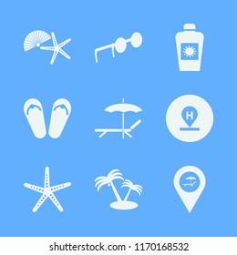 beach vector icons set. with starfish, palm trees, hotel location and beach sneakers in set
