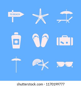 beach vector icons set. with sun oil, suitcase, chaise lounge umbrella and shell starfish in set