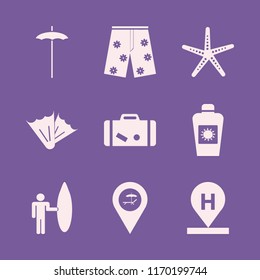 beach vector icons set. with surfer with board, beach umbrella, sun oil and shorts in set