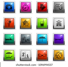 beach vector icons in square colored buttons