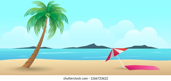 beach vector illustration with the landscape view in summer holiday of tropical island palm tree design