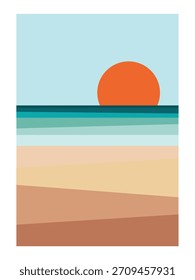 vetor de praia ilustração da paisagem oceânica no pôr do sol ou nascer do sol